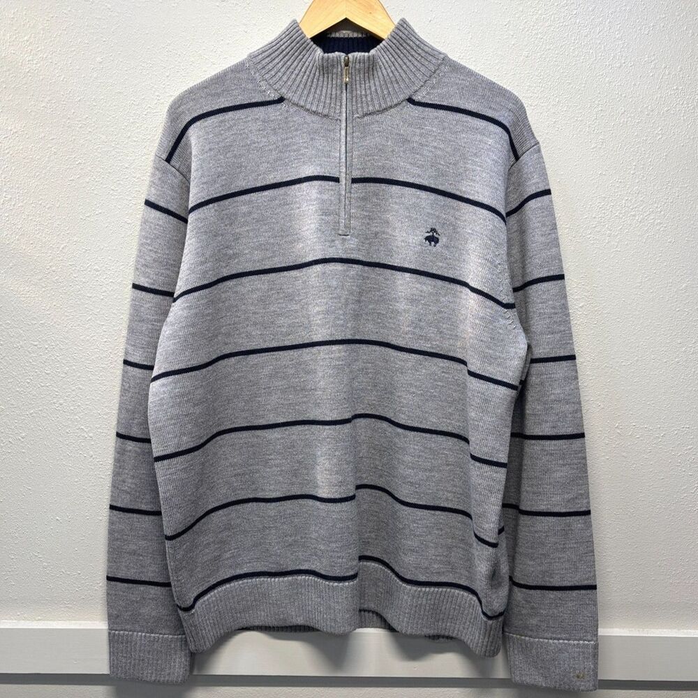Brooks Brothers 346 100% Merino Wool Men Pullover Quarter Zip Striped Sweater XL